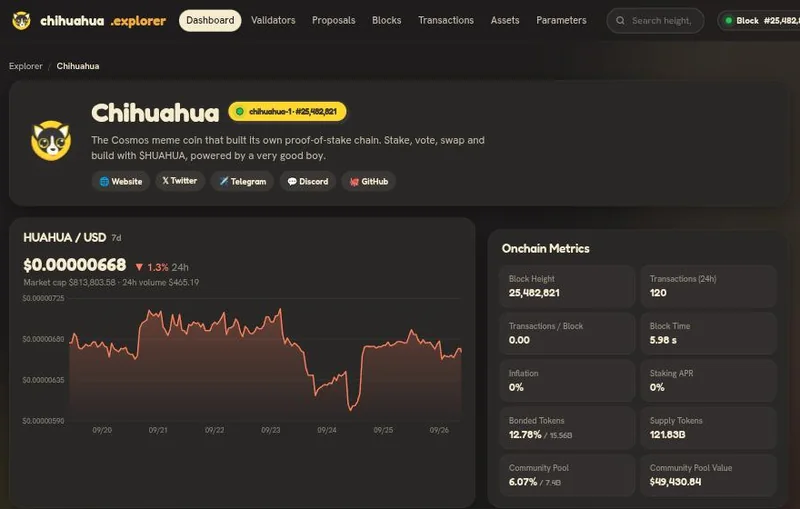 The Chihuahua explorer dashboard: block height, HUAHUA price and on-chain metrics
