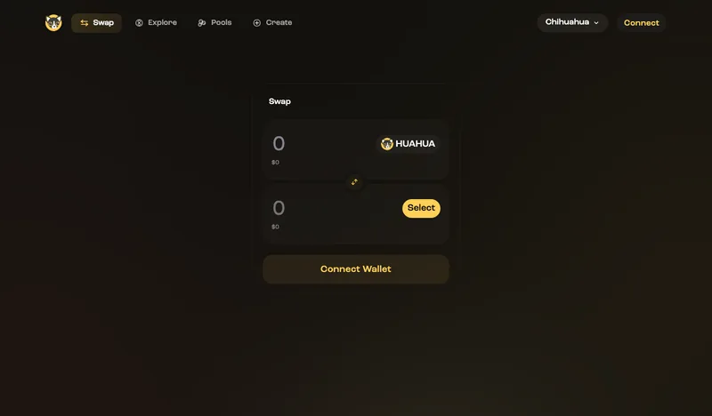 The HuahuaSwap app: swap and pool screen
