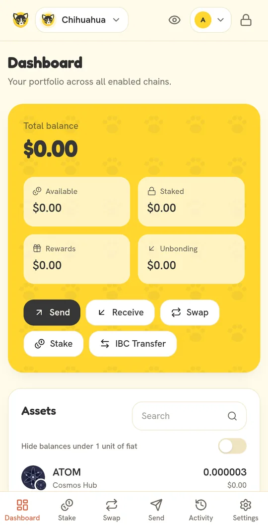 Huallet for Android: dashboard with total balance, send, receive, swap and stake