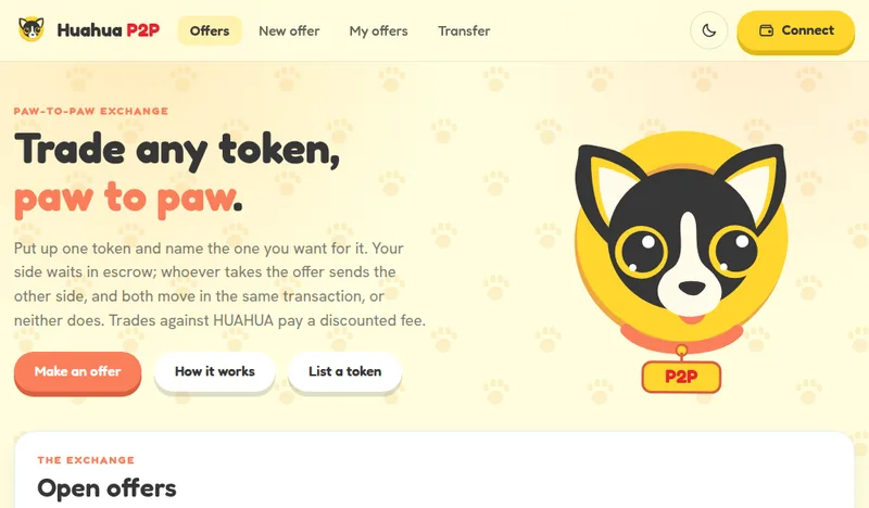 Huahua P2P: trade any token, paw to paw, with escrowed offers